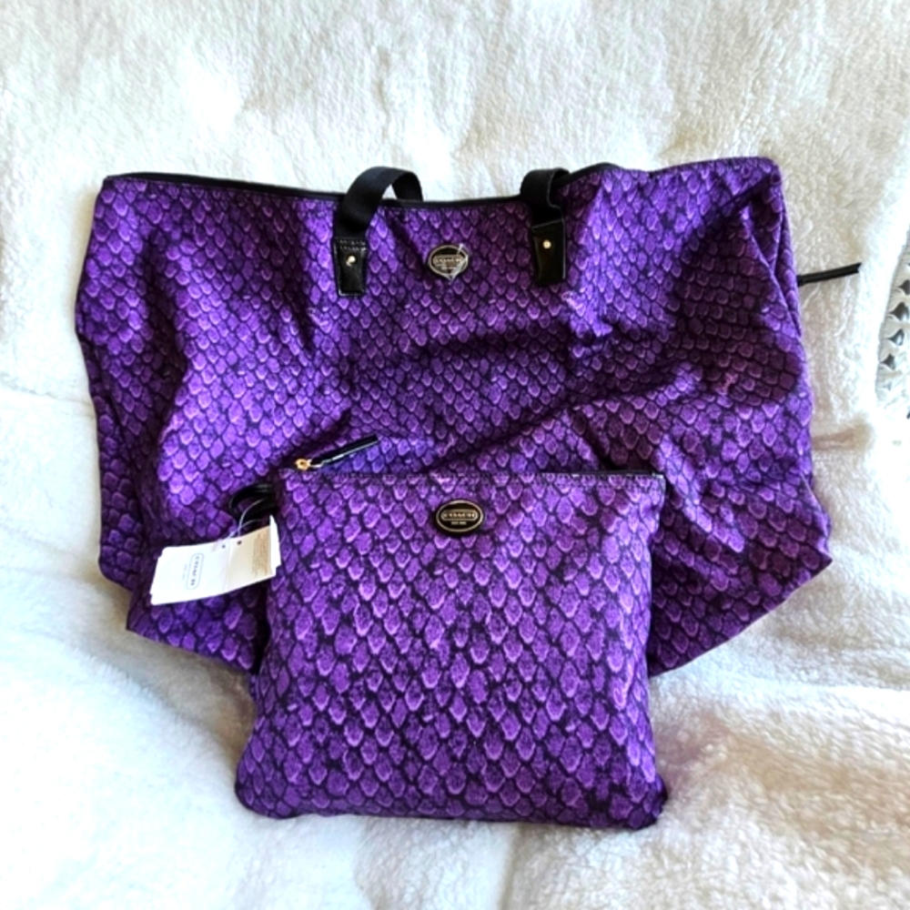 NWT Coach Large Purple Snake Print Weekend Tote Bag with small makeup bag